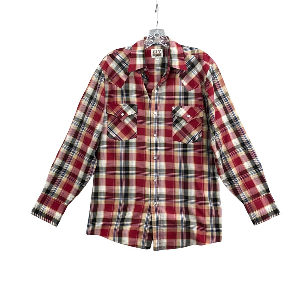Ely Cattleman Western Shirt Mens Medium Red Plaid Pearl Snap Vintage Yoke Cowboy